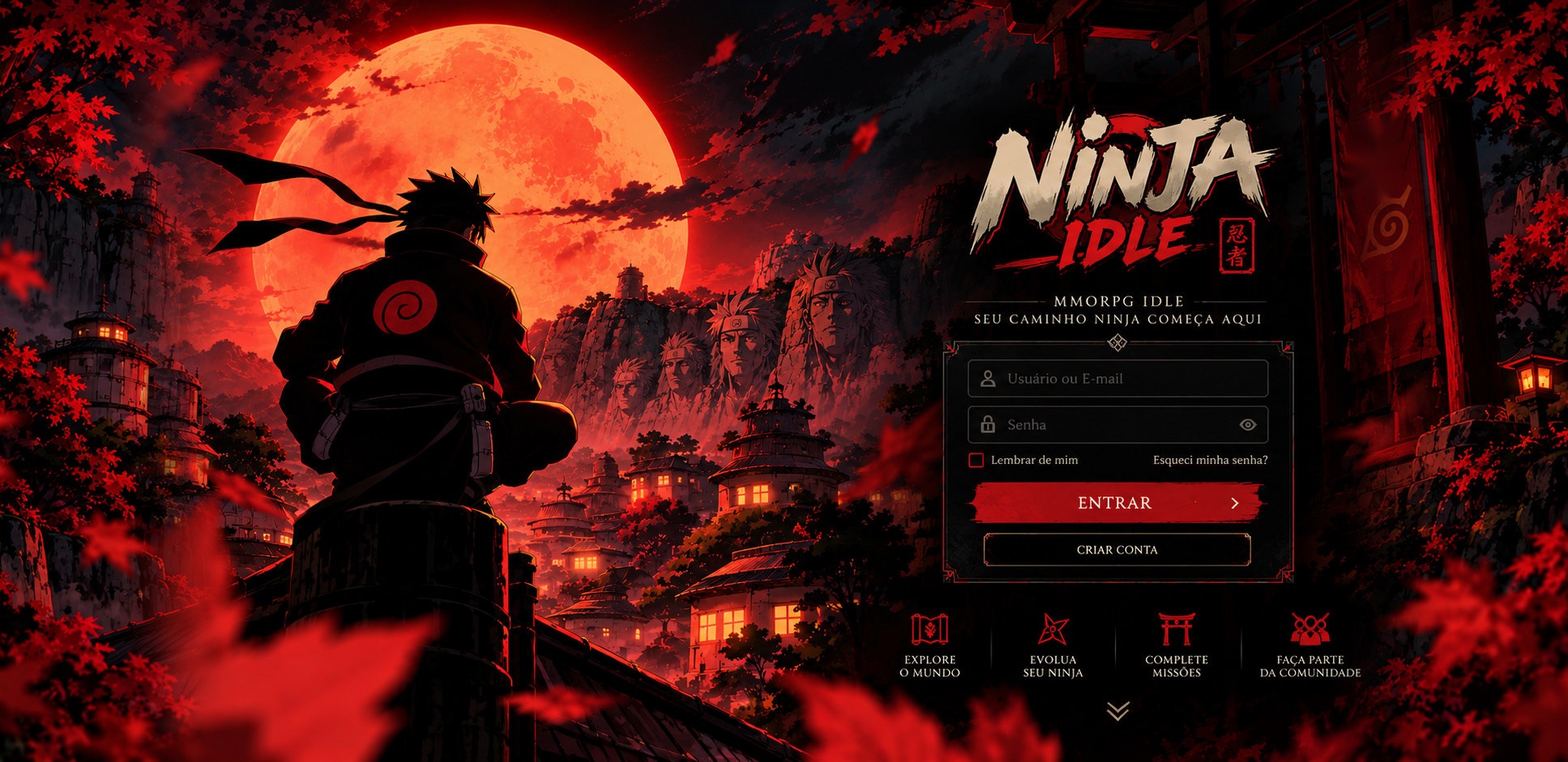 Ninja Idle: vista panorâmica completa da vila ninja sob uma lua vermelha